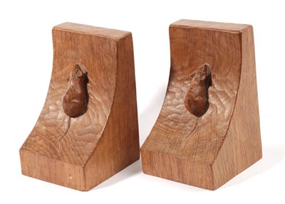 Lot 583 - Mouseman: A Pair of Robert Thompson of Kilburn Single Mouse English Oak Bookends, each with...