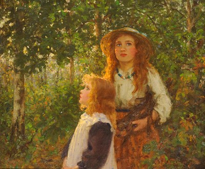 Lot 982 - Nellie Gertrude Dixon (ex.1900-1932) Two Young Girls in a Sunlit Wood Signed and dated 1912, oil on