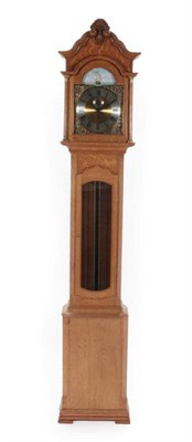 Lot 628 - A Sid Pollard of Thirsk Oak Small Longcase Clock, arched pediment with finials, brass dial with...