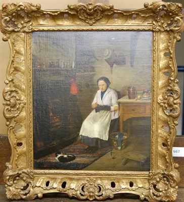 Lot 987 - W"¦Jolley (19th century) Interior Scene with an Elderly Lady Darning beside a Fireplace, cat...