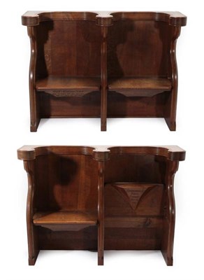 Lot 640 - A Pair of Early 20th Century English Oak Double Box Stalls, on shaped supports, with lift-up seats