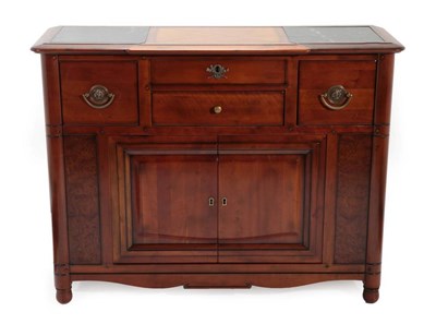 Lot 658 - A Hardwood Sideboard, modern, the top with two marble inserts above one narrow and two deep drawers