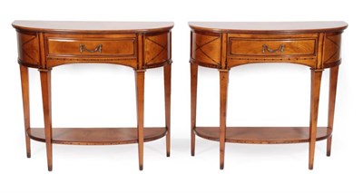 Lot 675 - A Pair of Hardwood and Parquetry Decorated Hall Tables, modern, of D shape form with bowfront...