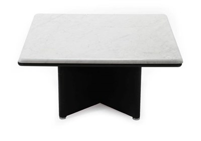 Lot 676 - A Grey and White Marble Top Coffee Table, circa 1980's, of square form, on an ebonised wooden...