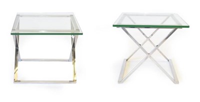 Lot 681 - A Pair of Chromed Metal and Glass Top Lamp Tables, modern, of rectangular form, on tubular X...