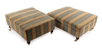 Lot 708 - A Pair of Footstools, modern, upholstered in brown and blue striped fabric, on mahogany effect...