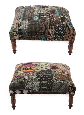 Lot 718 - A Pair of Oversized Footstools, modern, covered in crewelwork fabric, with turned legs, 80cm by...