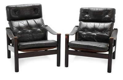 Lot 721 - A Pair of 1970's Danish Leather Strap-Armed Lounge Chairs, 71cm by 87cm by 105cm (2)