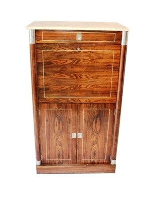 Lot 736 - A 1970's Rosewood Secretaire Cabinet, with grey marble top above a long drawer and fall front...