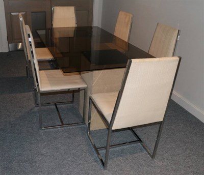 Lot 742 - Zem & Cie SAS: A 1970/80 Smoked Glass Rectangular Dining Table, on block supports with mirrored...