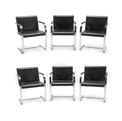 Lot 765 - A Set of Six Black Leather and Chromed Armchairs, modern, replicas of the Mies Van Der Rohe classic