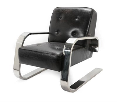 Lot 768 - A Chromed Metal and Black Leather Lounge Armchair, modern, with buttoned seat and polished...