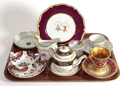 Lot 6 - A tray of 18th century and later ceramics and glass including Chinese armorial dish, Flight...