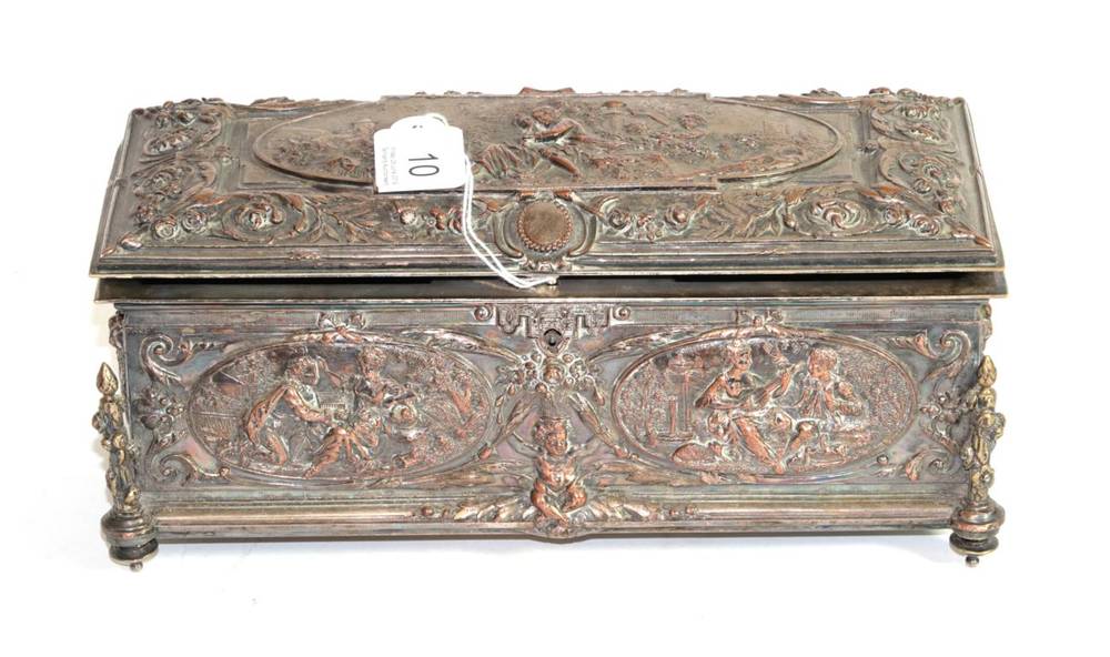 Lot 10 - A French jewellery casket formerly silver plates, silk lined, decorated with amorous couples in...