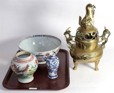 Lot 15 - A Chinese bronze koro, signed; two Chinese vases; and a bowl