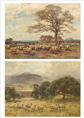 Lot 1003 - Owen Bowen ROI, PRCamA (1873-1967) Sheep in a Lakeland Landscape; Shepherd and Sheep beside a Tree