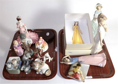 Lot 31 - Three Royal Doulton figures; Nao figures; Royal Crown Derby cat paperweight etc (two trays)