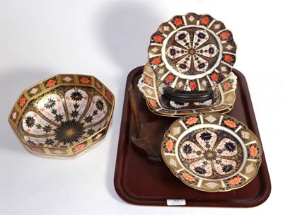 Lot 32 - A Royal Crown Derby Imari palette octagonal fruit bowl, 24cm diameter; with a pair of dishes,...