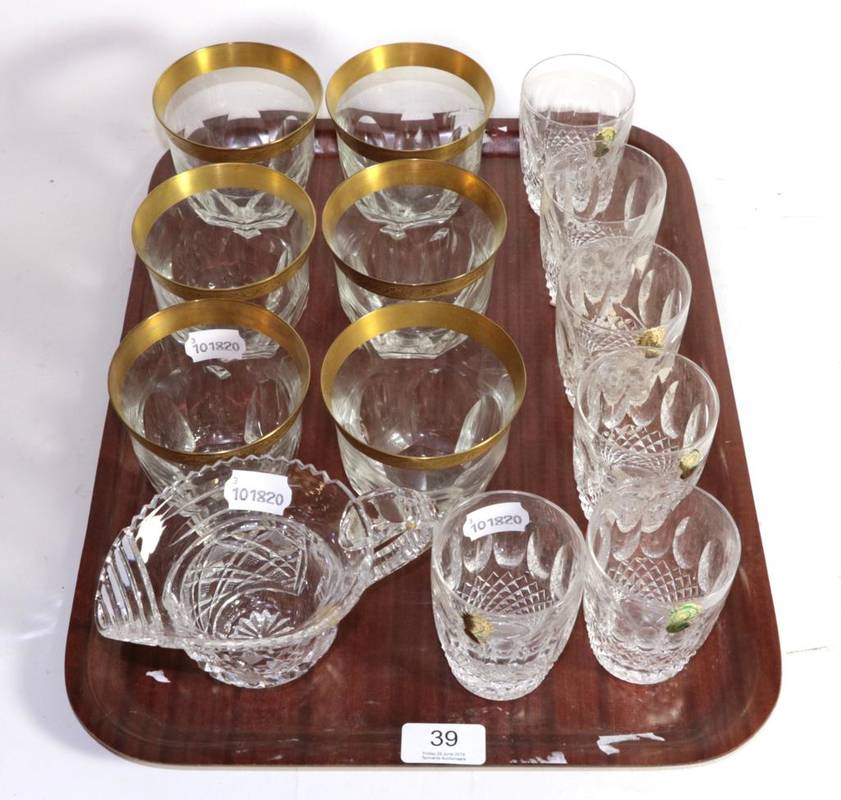 Lot 39 - A set of six Waterford tumblers; a set of six Continental glasses with gilt rims; and a...