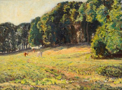 Lot 1005 - Reginald Grange Brundrit RA, ROI (1883-1960) Cattle in a Landscape at the Edge of a Wood...