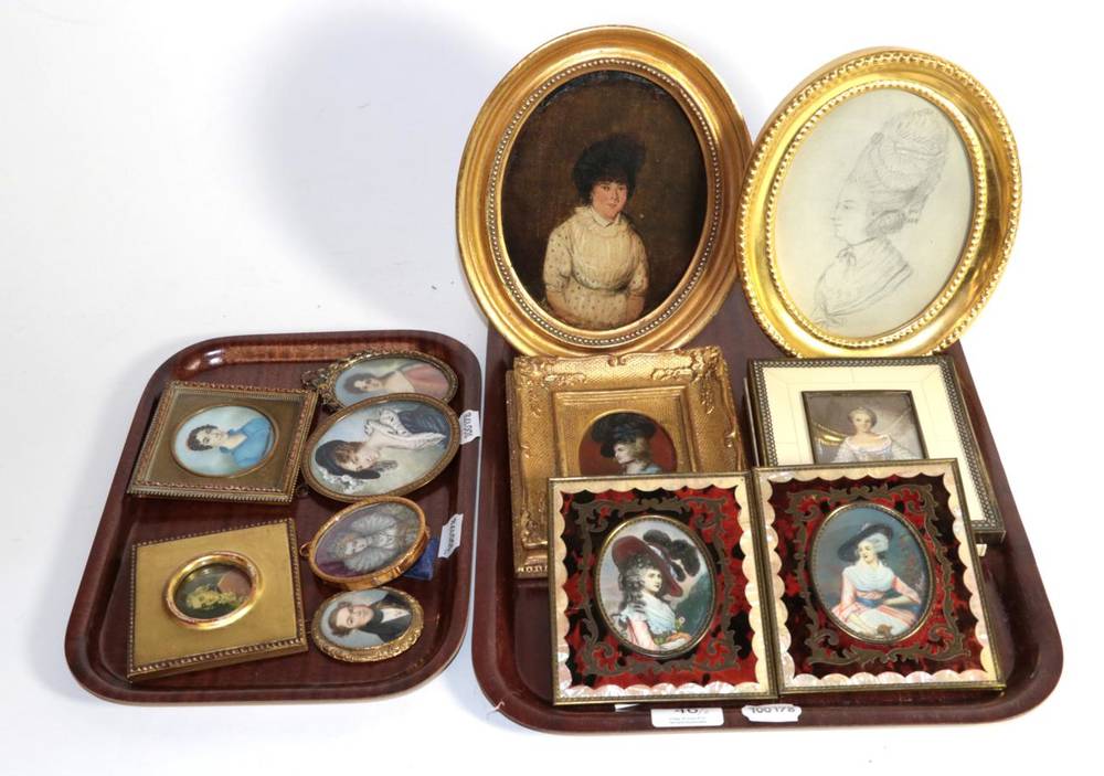 Lot 46 - A group of 20th century portraits and portrait miniatures including bone and faux ivory piano...