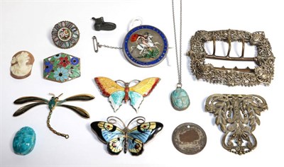 Lot 51 - Decorative jewellery and items including a cameo, dragonfly brooch, enamel butterfly brooch...