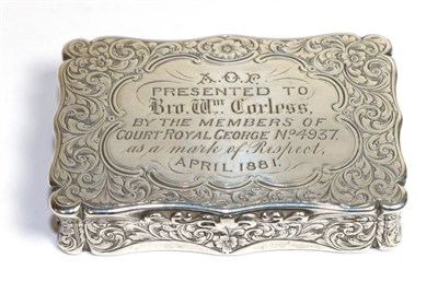 Lot 52 - A Victorian silver snuff box, Edward Smith, Birmingham 1858, shaped rectangular with foliate...