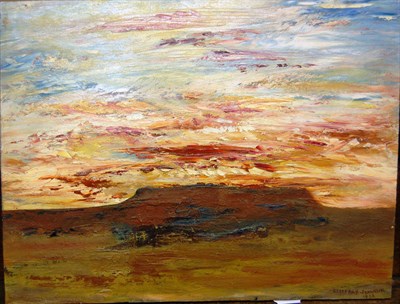 Lot 1008 - Geoffrey Jenkinson RCamA (1925-2005) "Sunset over Taos Pueblo" Signed and dated 1973,...