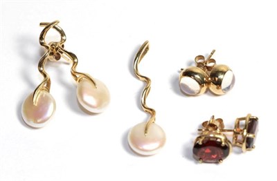 Lot 78 - A 14 carat gold cultured pearl pendant with a matching pair of earrings; a pair of moonstone...