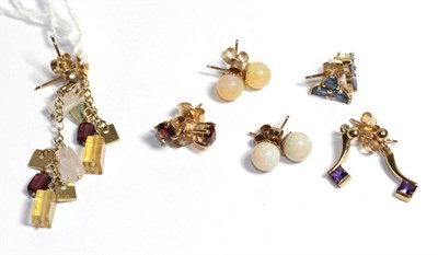 Lot 86 - Five pairs of 9 carat gold earrings including two pairs of drop earrings, three pairs of gem...