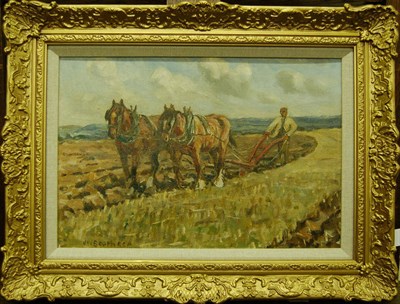 Lot 1010 - James William Booth RCamA (1867-1953) Famer Ploughing with Two Shire Horses Signed, bears a...