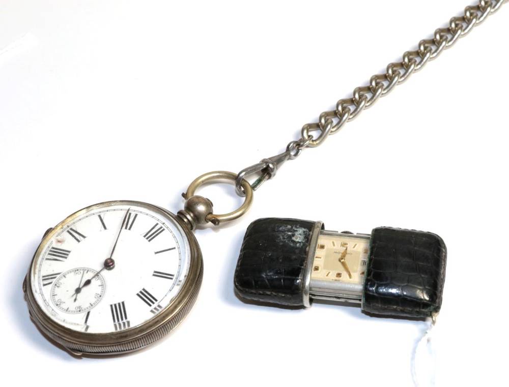 Lot 99 - A Morado purse watch and an open faced pocket watch, case stamped fine silver, with attached plated