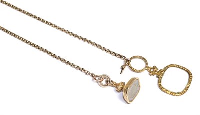 Lot 104 - A guard chain, with applied plaque stamped '9C', with attached lorgnette and seal fob