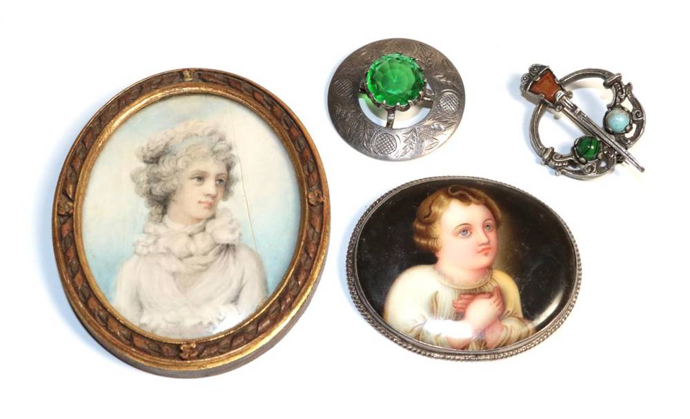 Lot 117 - A portrait miniature brooch; two Scottish brooches and a portrait miniature (4)