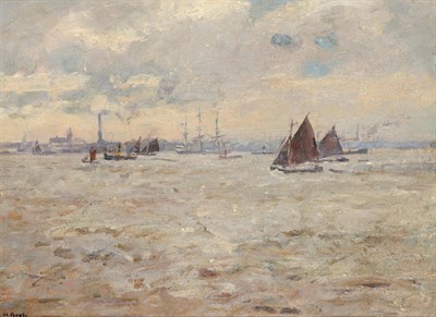 Lot 1013 - Herbert Royle (1870-1958) Fishing Boats and Other Shipping off a Coastline Signed, oil on...