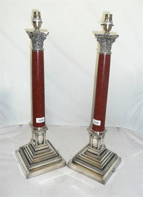 Lot 1020 - A Pair of Corinthian Column Lamp Bases, 20th century, with foliate and scroll capitals, rouge...