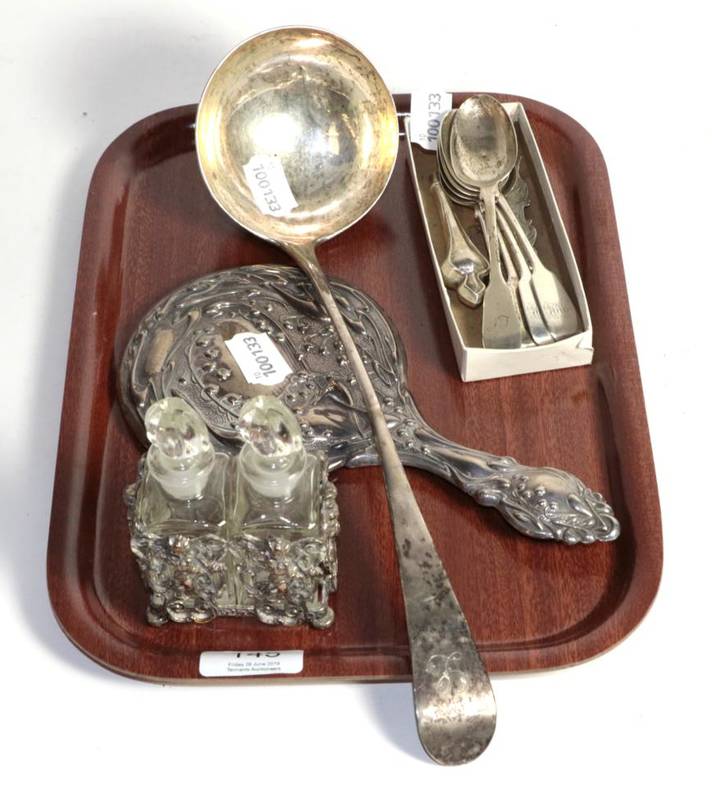 Lot 145 - Silver to include a Georgian soup ladle, a Newcastle teaspoon, a set of five teaspoons, silver...