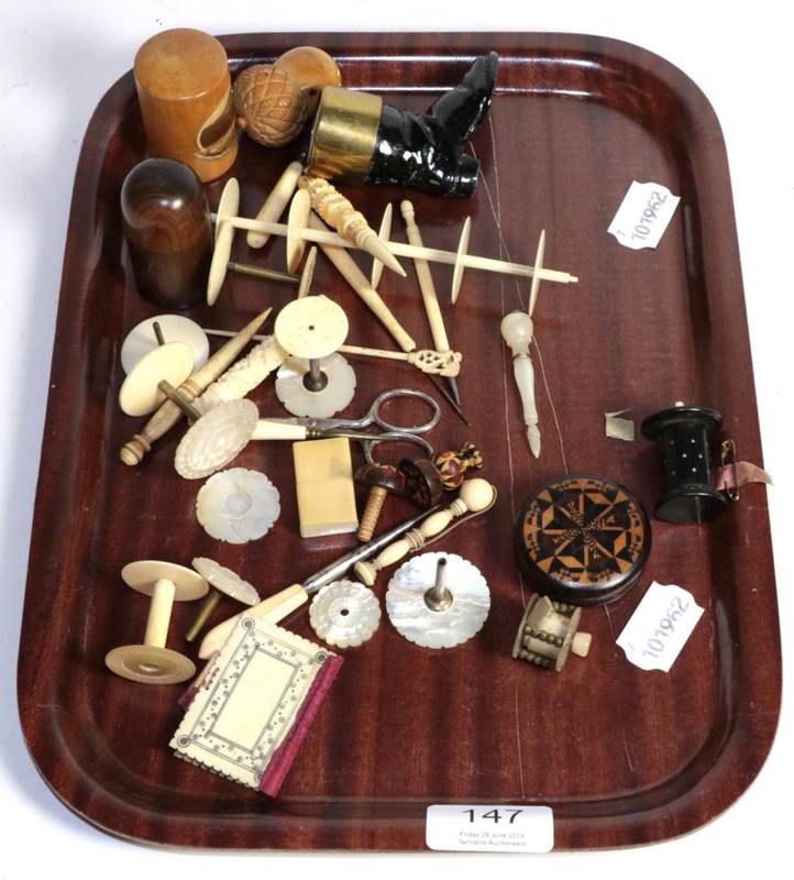 Lot 147 - A group of curiosities including treen, bone and Victorian ivory, mostly sewing related