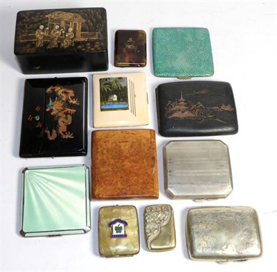 Lot 152 - A group of cigarette cases including silver and enamel, Japanese burr walnut, faux shagreen etc