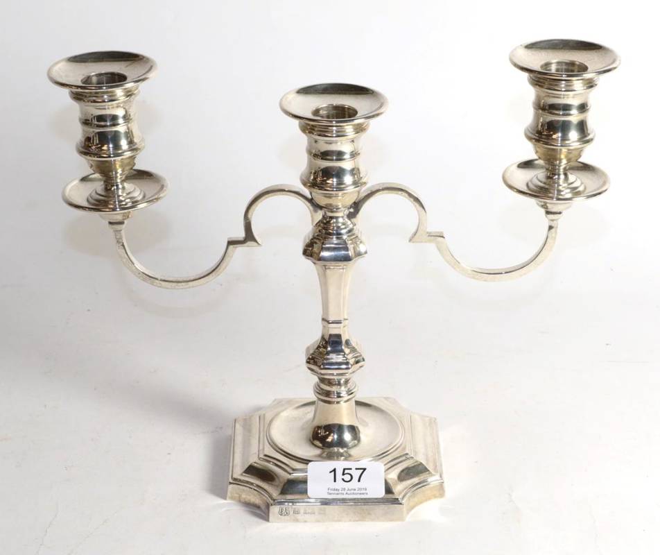 Lot 157 - A silver three light candelabrum, Barker Ellis Silver Co, Birmingham 1971, in the 18th Century...