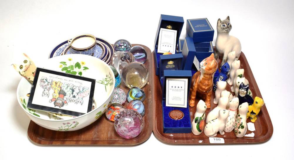 Lot 188 - Wemys cats by Griselda Hill pottery; halcyon days trinket boxes; various glass paperweights;...