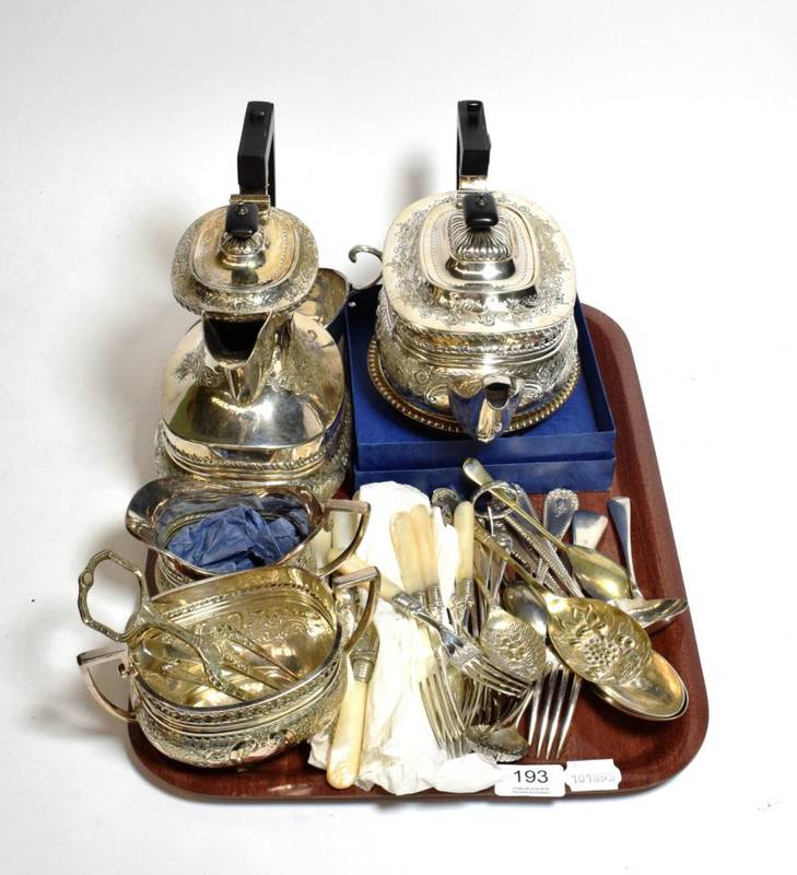 Lot 193 - A silver plated four piece tea-service; a plated coaster; and assorted plated cutlery (one tray)
