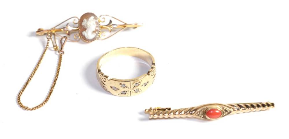 Lot 210 - A 9 carat gold and diamond ring, finger size X; a 9 carat gold coral bar brooch, length 5cm;...