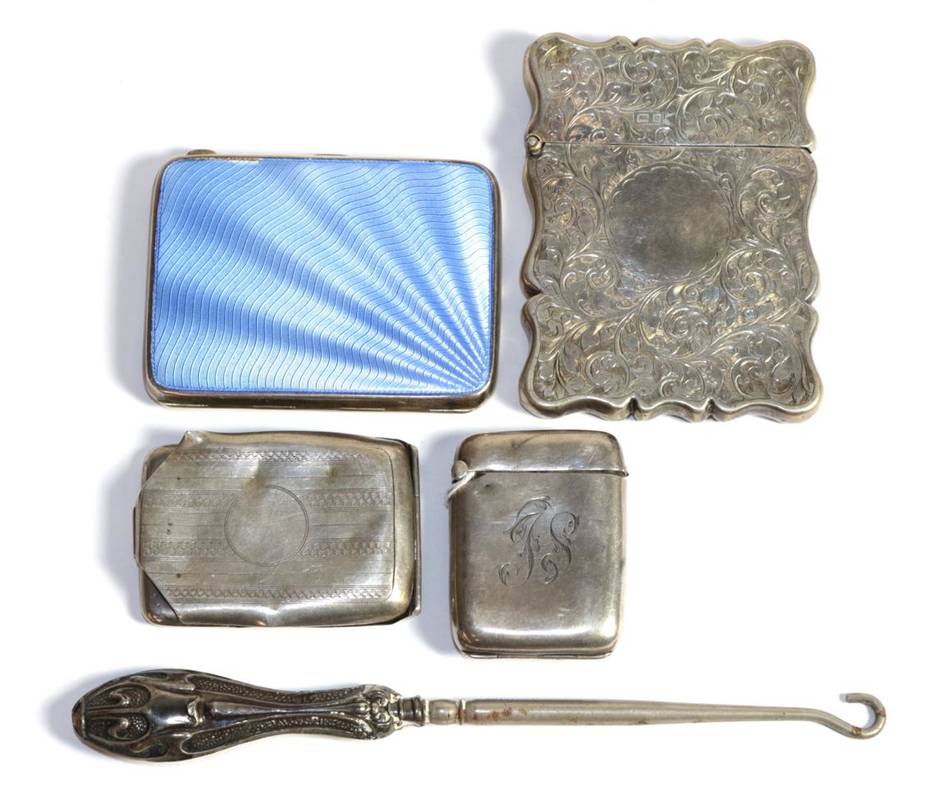 Lot 211 - A blue enamel cigarette case; a silver card case; and three other silver items (5)