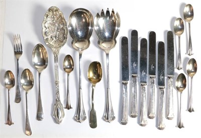 Lot 222 - A set of six silver knives; six silver teaspoons; and other assorted cutlery