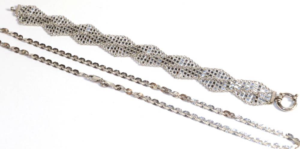 Lot 229 - A 9 carat white gold necklace, length 45cm; and a 9 carat white gold fancy link bracelet,...