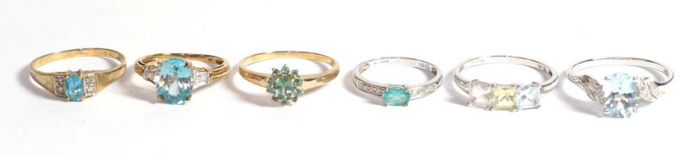 Lot 231 - Five 9 carat gold assorted gem set dress rings, including an aquamarine and diamond set...