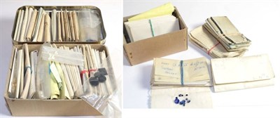 Lot 234 - Two cardboard boxes of jobbing stones from Birmingham jeweler; with a tin of synthetic stones...