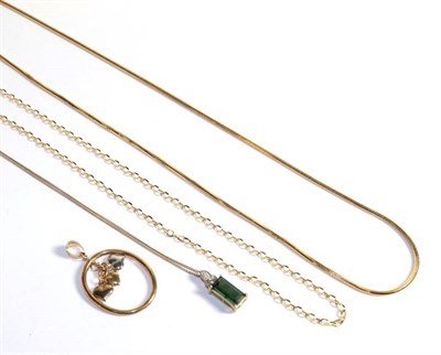 Lot 243 - A green tourmaline and diamond pendant stamped '9K' on a chain stamped '375', chain length...