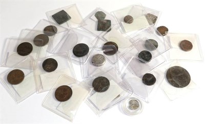 Lot 246 - A box of mixed coins including a celtic unit, a group of 9 farthings, 1720-1875, Roman and...